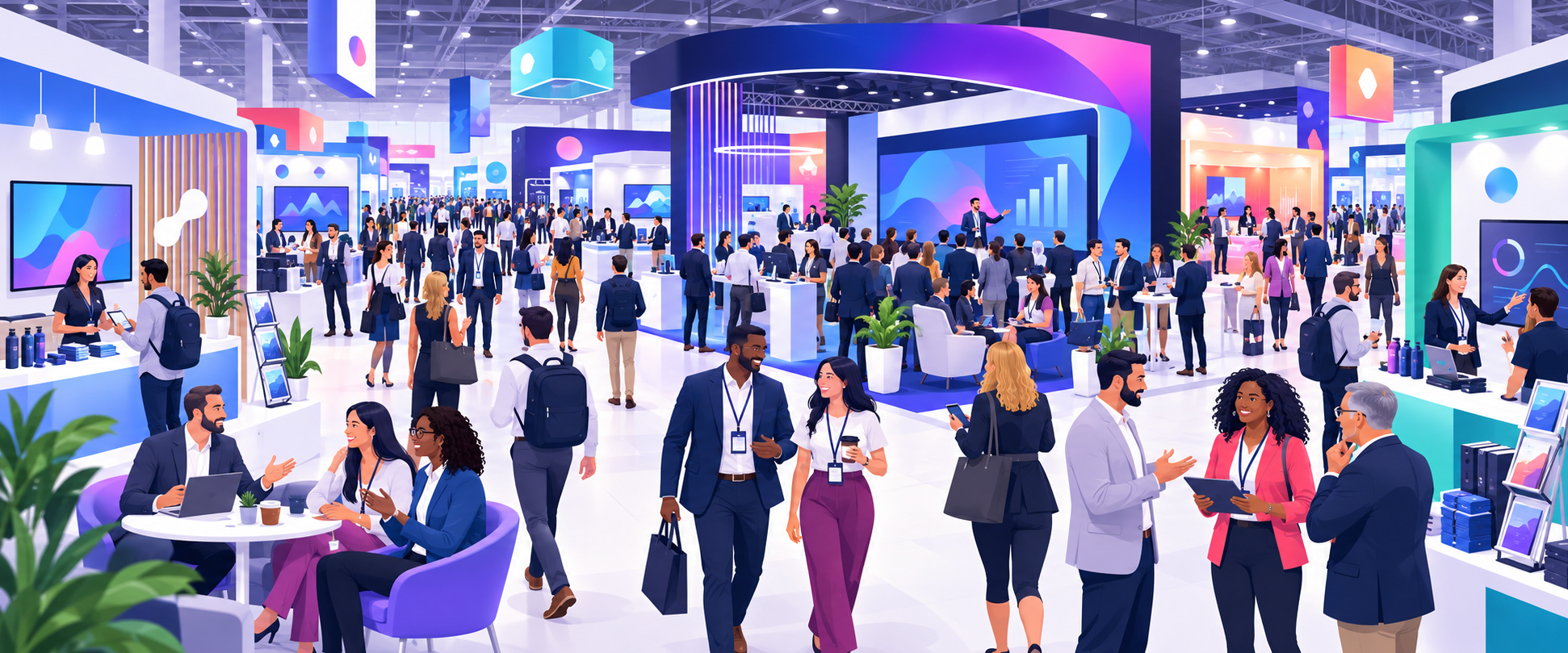Illustrated exhibition floor, with teams talking among the booths